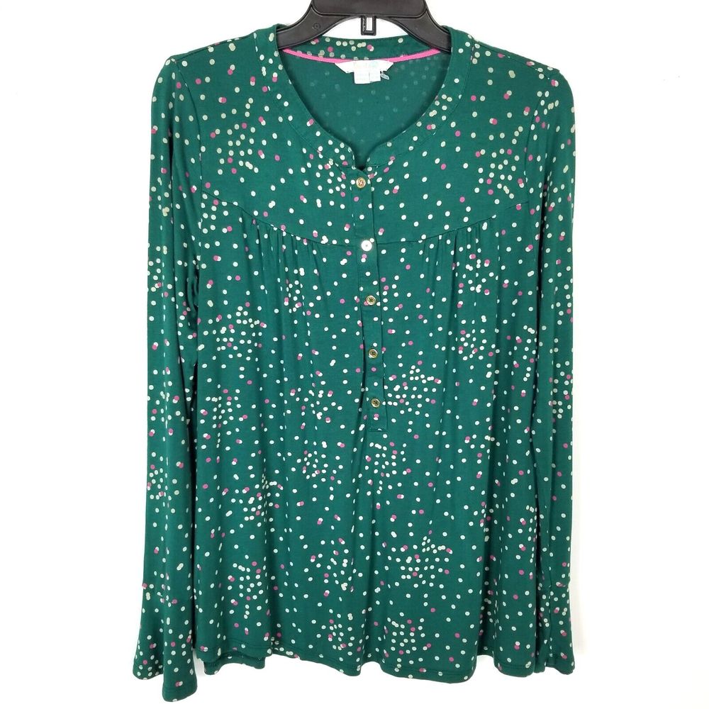Boden Women Printed Blouse Top Size US 10 Green White Dots Button Long Sleeve